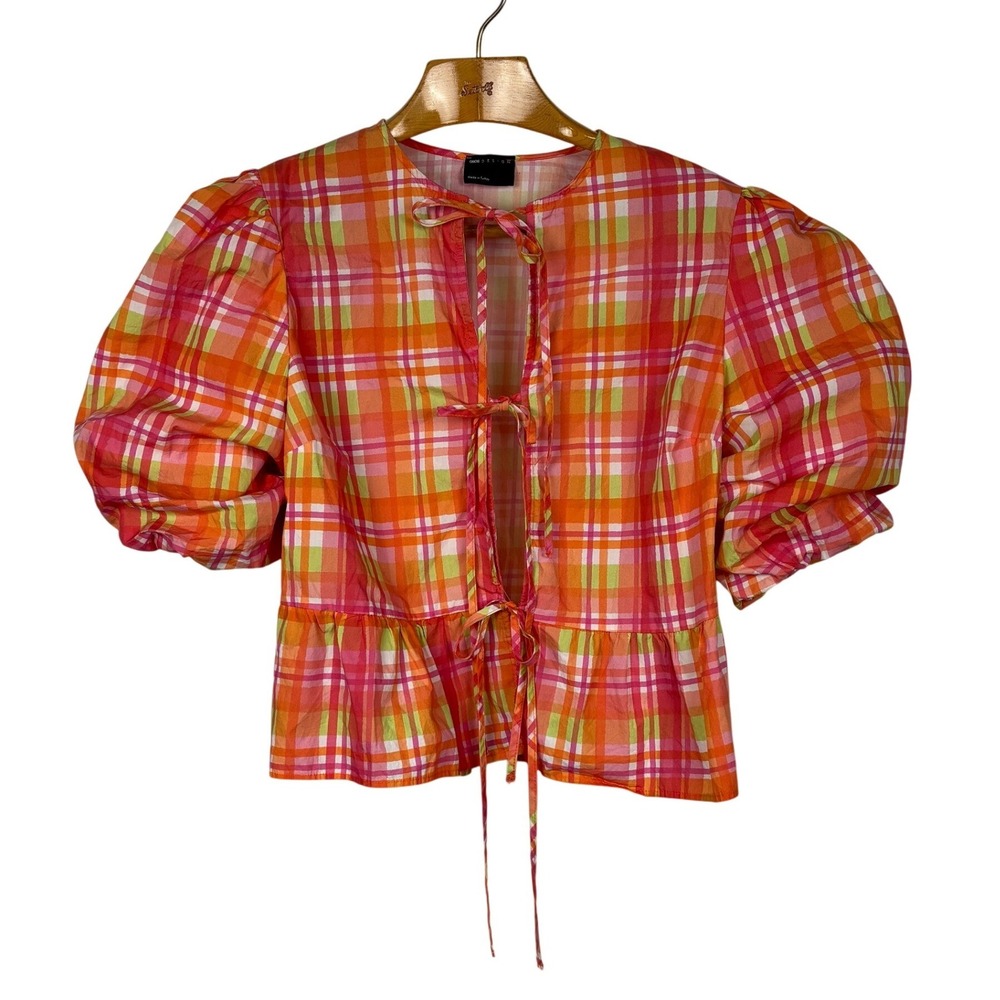 ASOS Design Plaid Tie Front‎ Peplum Blouse L Puff Sleeve Pink Orange Cottagecore